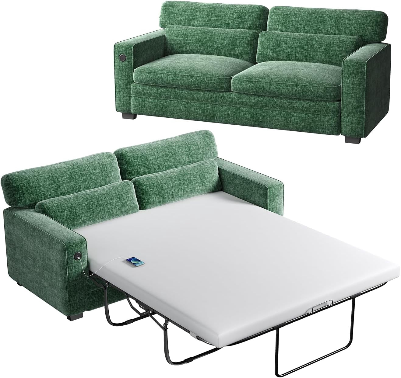 CHITOOMA Full Size Sofa Bed with Memory Foam Mattress, Pull-Out Sleeper Loveseat with 2 USB Charging Ports, Chenille Removable Covers for Living Room, Apartment or Bedroom,Green