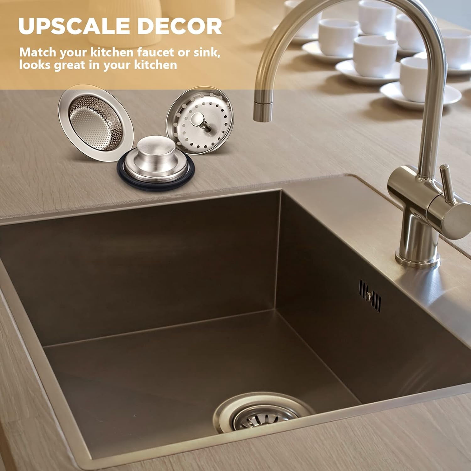3 Pcs Kitchen Sink Drain Strainer and Stopper Stainless Steel Garbage Disposal Plug with Handle Universal Anti-Clogging Kitchen Sink Filter Sieve Basket Strainer(Brushed Silver)