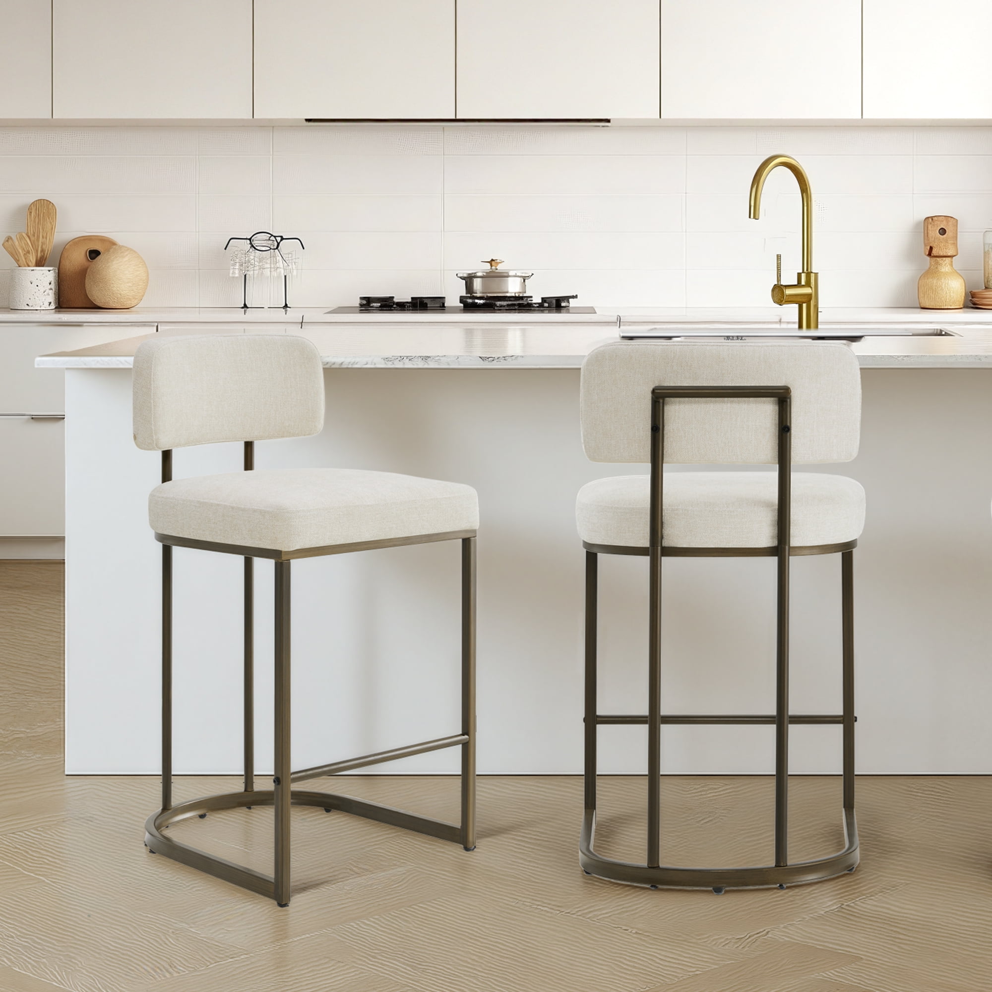 Spruce & Spring Modern 26-Inch Counter Bar Stool Set with Brass Frame Set of 3, Linen with Brass Frame