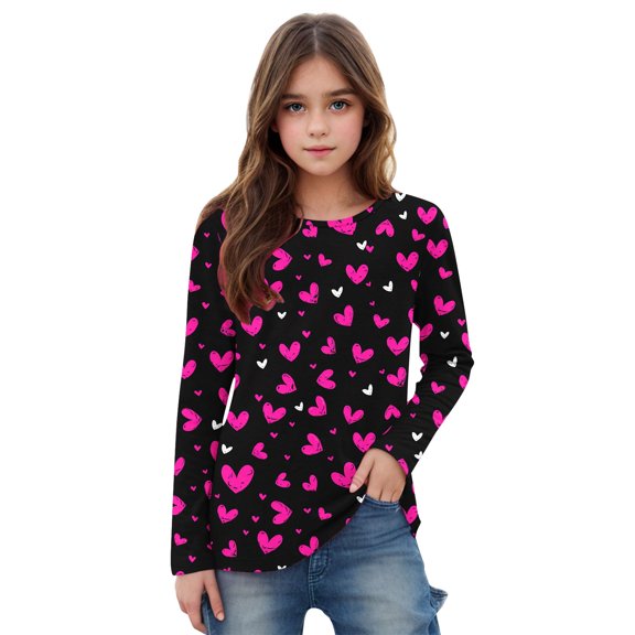 Bnwani Valentines Long Sleeve Toddler Shirts Girls Crew Neck Casual Cute Heart Printed Tops 3-4t