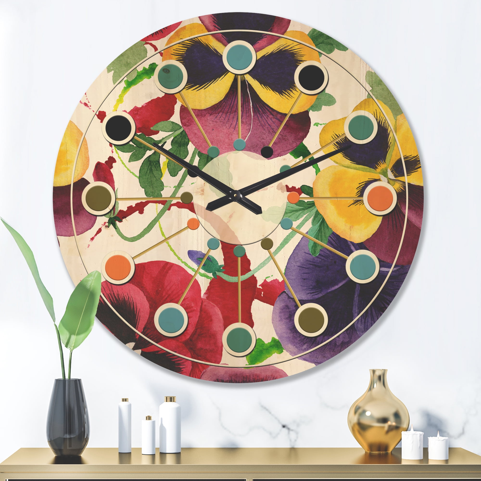 Designart 'Botanical Floral Retro VIII' Mid-Century Modern Wood Wall Clock