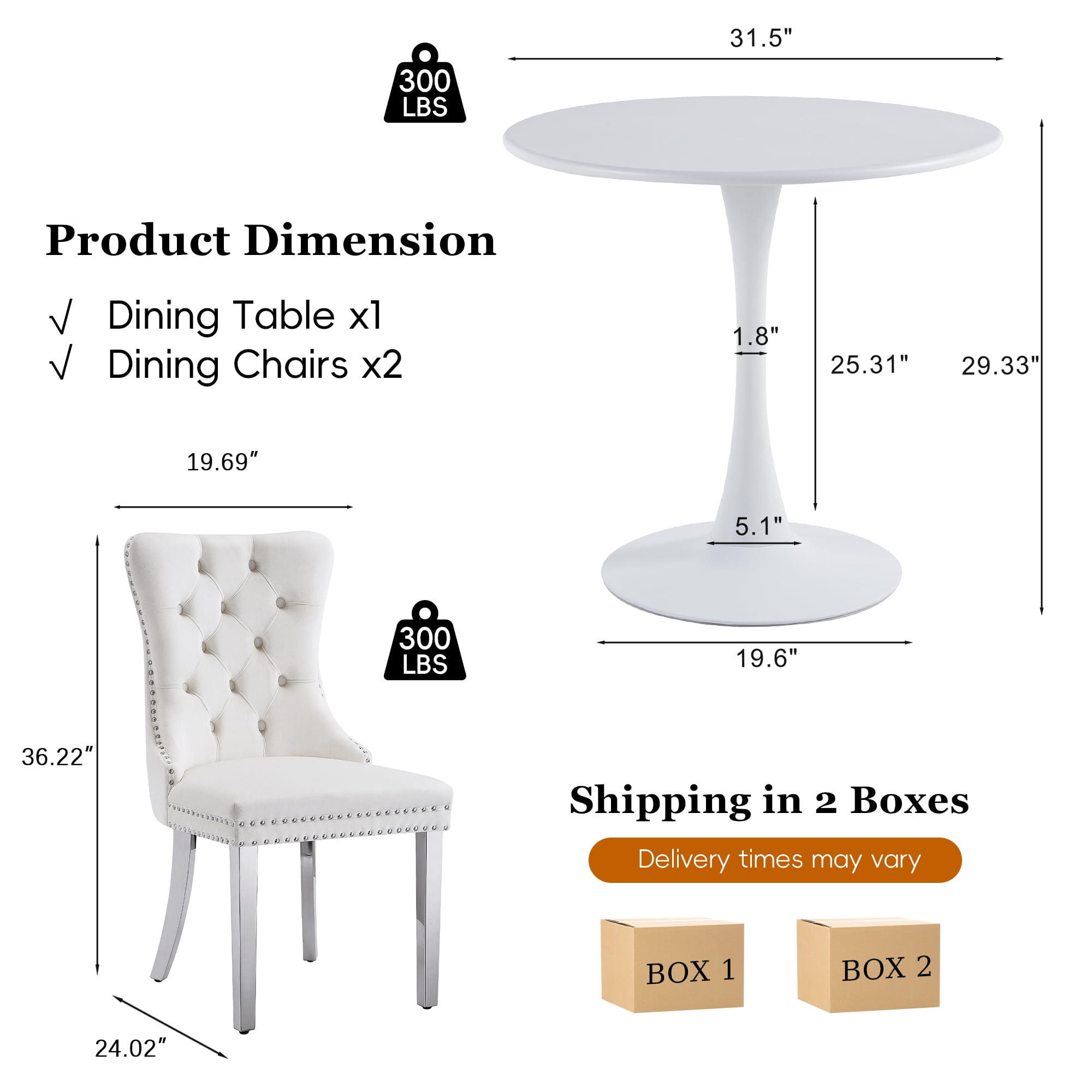 Dining Table Set for 2, 31.5" Round Table with All-Metal Tulip Pedestal Table, Velvet Nailhead Trim Chairs with Stainless Steel Legs, Modern Kitchen Dining Set for Apartment, Small Spaces, White