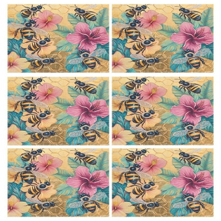 

Ryvnso Placemats Set of 6 Retro Bee Flower Dining Mats Heat-Resistant Non-Slip Washable Table Mat