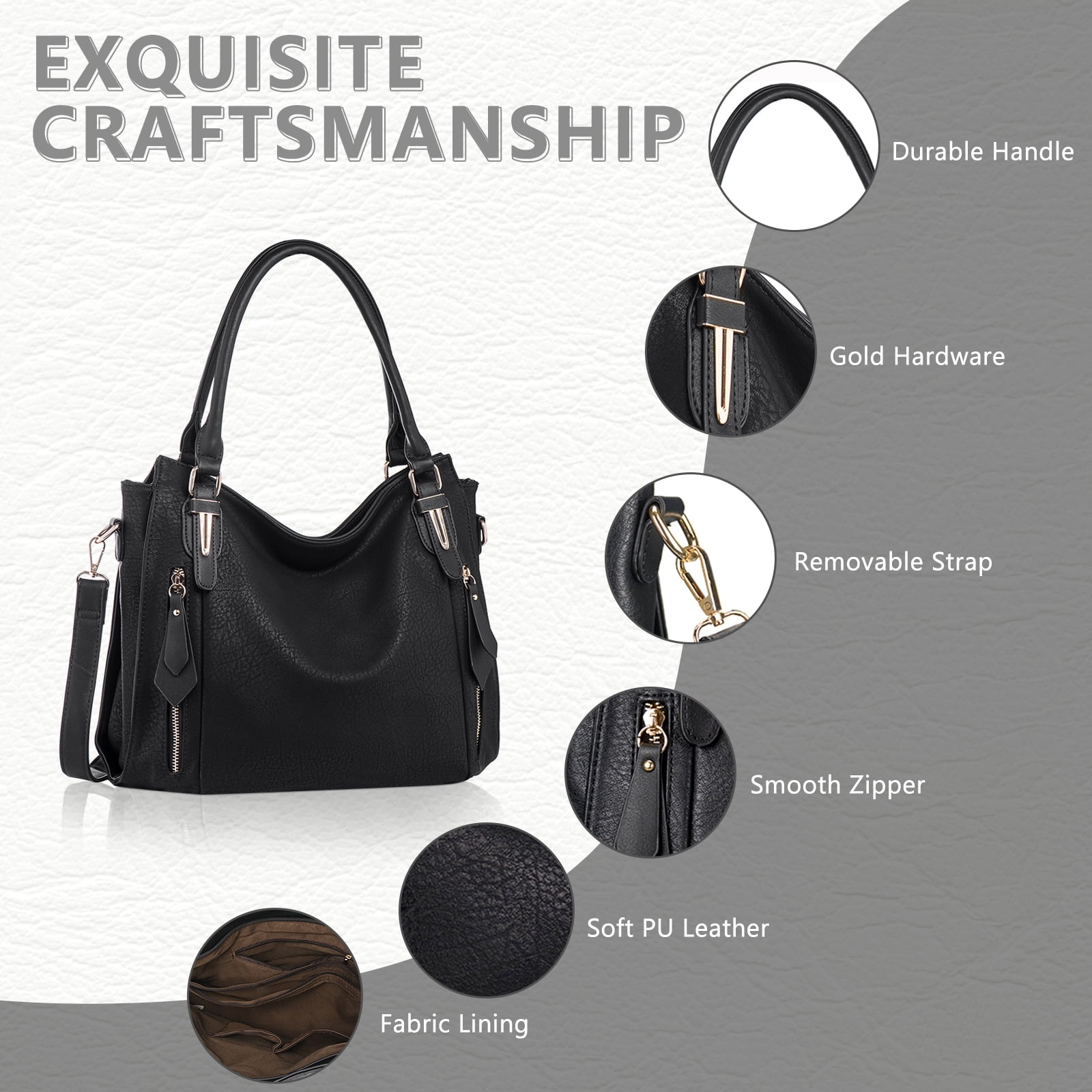 JOYSON Women's Shoulder Bag,Handbags,Tote Zipper Purse PU Leather Top-handle Satchel Bags Ladies Medium Black