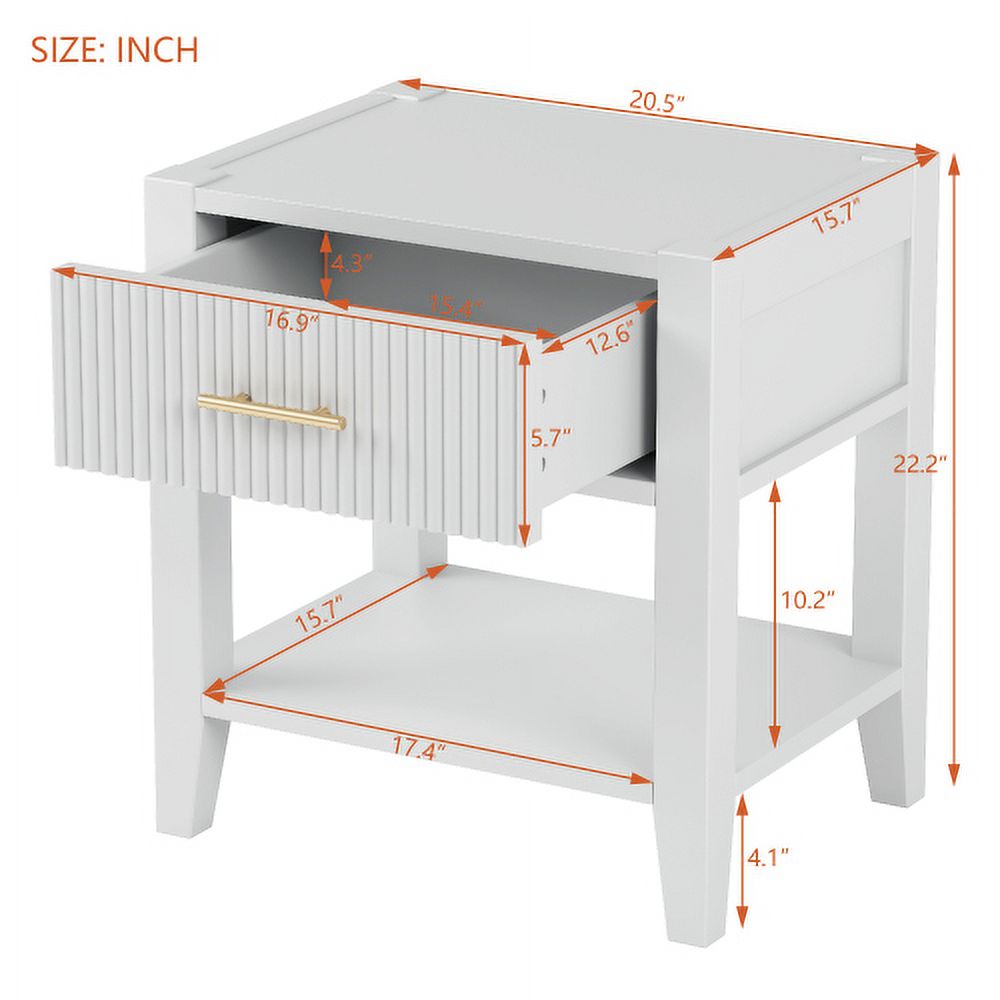 Wooden Nightstand with Gold Handle, Bedside Table with 1 Open Storage and 1 Drawer, End Table for Living Room, Bedroom, White