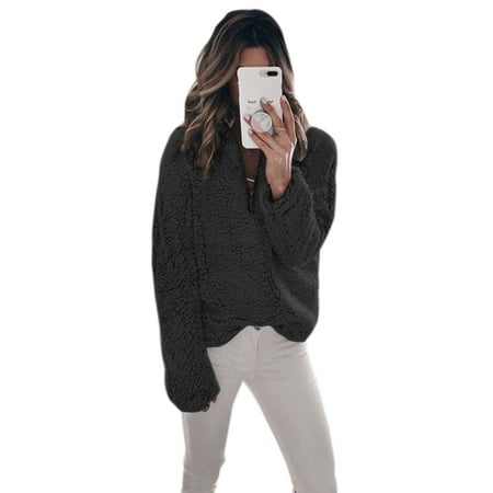 Faux Fur Collar Sweater - Faux Fur Coat Women Winter Warm Sweater Jackets Outwear Fluffy Pullover Long Sleeve Jumper Stand Neck Zip Up Outerwear