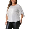 thumbnail image 5 of Agnes Orinda Women's Plus Size Tops Glitter 3/4 Slit Sleeve Crew Neck Shimmer Sparkle Sequin Party Blouse Tops 2025 1X Silver, 5 of 7