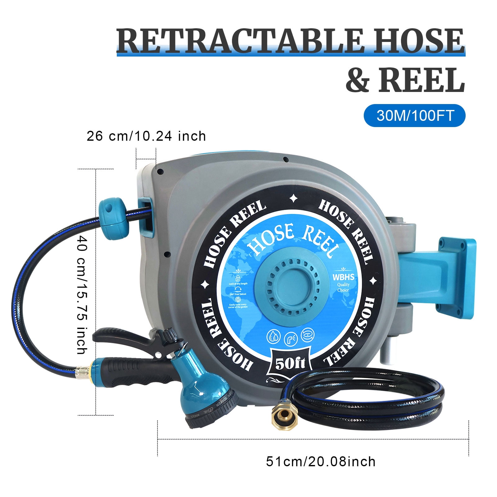 Sunifier Retractable Garden Hose Reel, 50FT, Auto Rewind, Wall Mount, UV Resistant, Brass Fitting, 10-Function Nozzle