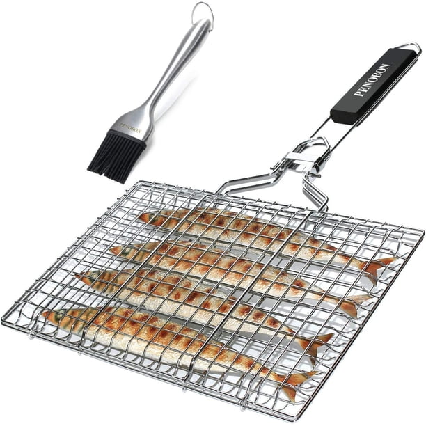 Cesta para parrilla de barbacoa, plegable en acero inoxidable, para cocinar pescado, verduras o camarones, con mango desmontable, cepillo para untar y bolsa de almacenamiento. (Tipo 1)