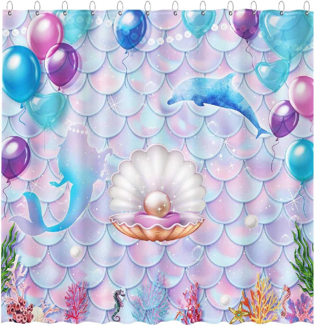 Little Mermaid Shower Curtain Set with Hooks Under The Sea Princess