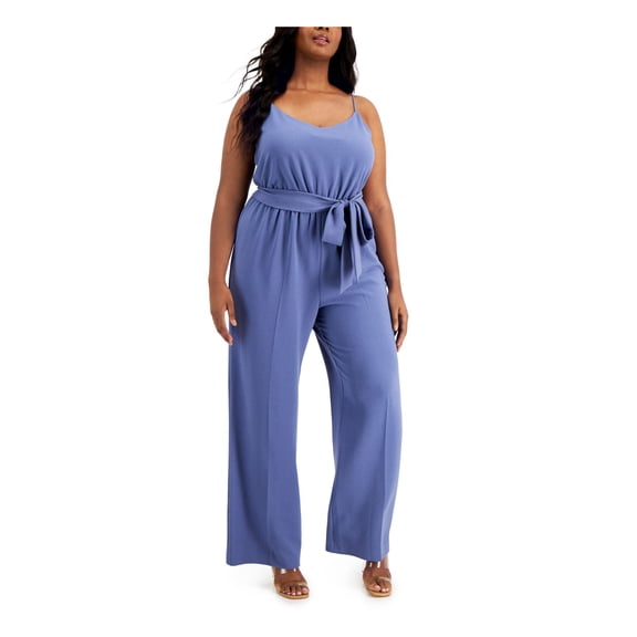 BAR III Womens Blue Stretch Zippered Belted Spaghetti Strap V Neck Wide Leg Jumpsuit Plus 3X