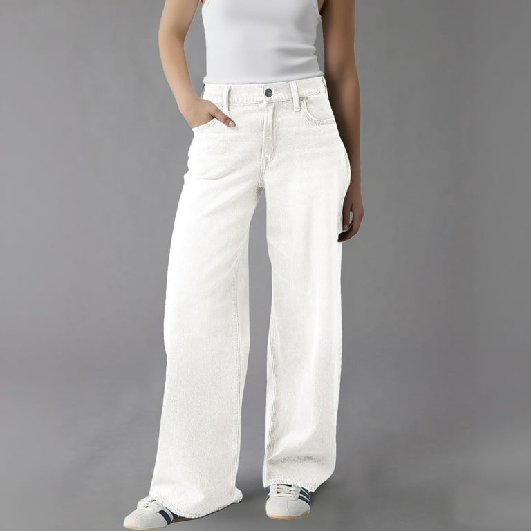 Gteyoijn White Women's Long Sleeve T-Shirts Women Baggy Jeans Wide