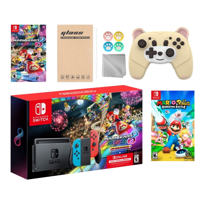 Nintendo Switch Mario Kart 8 Deluxe Bundle: Red/Blue Console, Mario Kart 8 & Membership, Mario Rabbids Kingdom Battle, Mytrix Wireless Pro Controller Peary Yellow Bear and Accessories