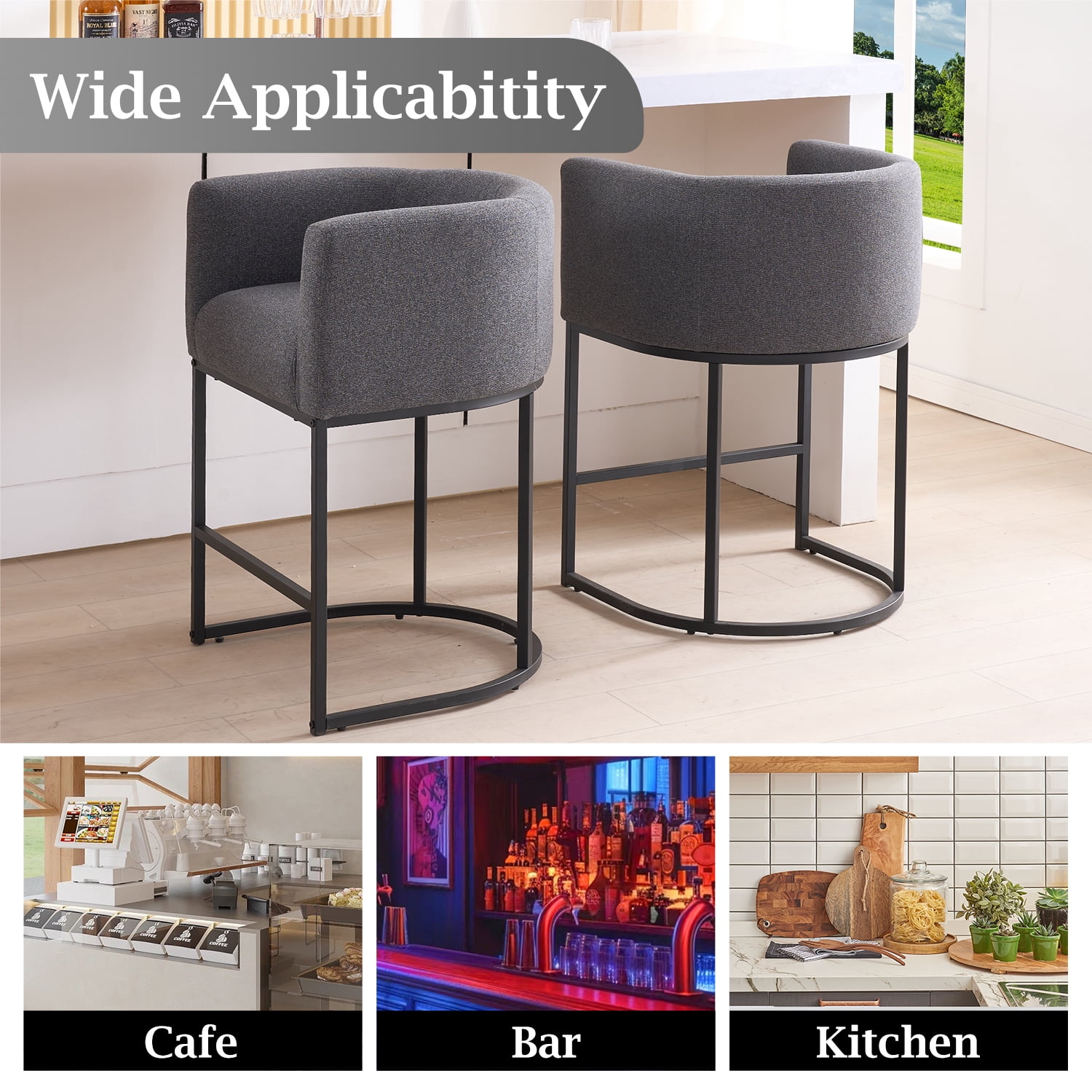 FANCROU 26" H Counter Height Bar Stools Set of 2, Fabric Barrel Stools with Back and Arms, Darkgray-Black Leg