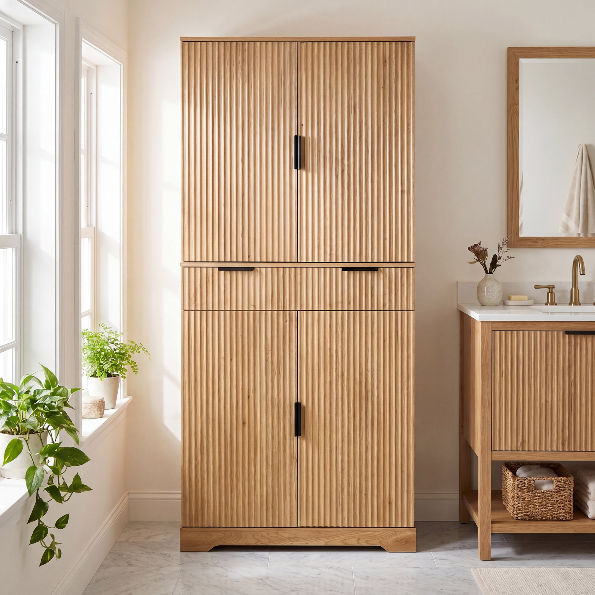 Mintazer 72" Fluted Freestanding Kitchen Pantry Storage Cabinet with 4 Door & Drawers, Large Storage Hutch with Spice Door Racks for Kitchen Dining Room Bathroom, Natural