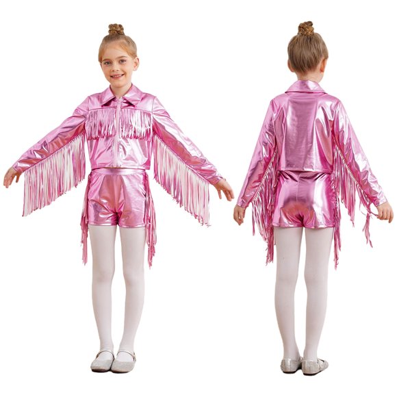 Raenseen Girls Sequins Dance Clothes Metallic Top and Shorts Hip Hop Jazz Modern Dancing Outfit Sparkly Club Wear Pink 12