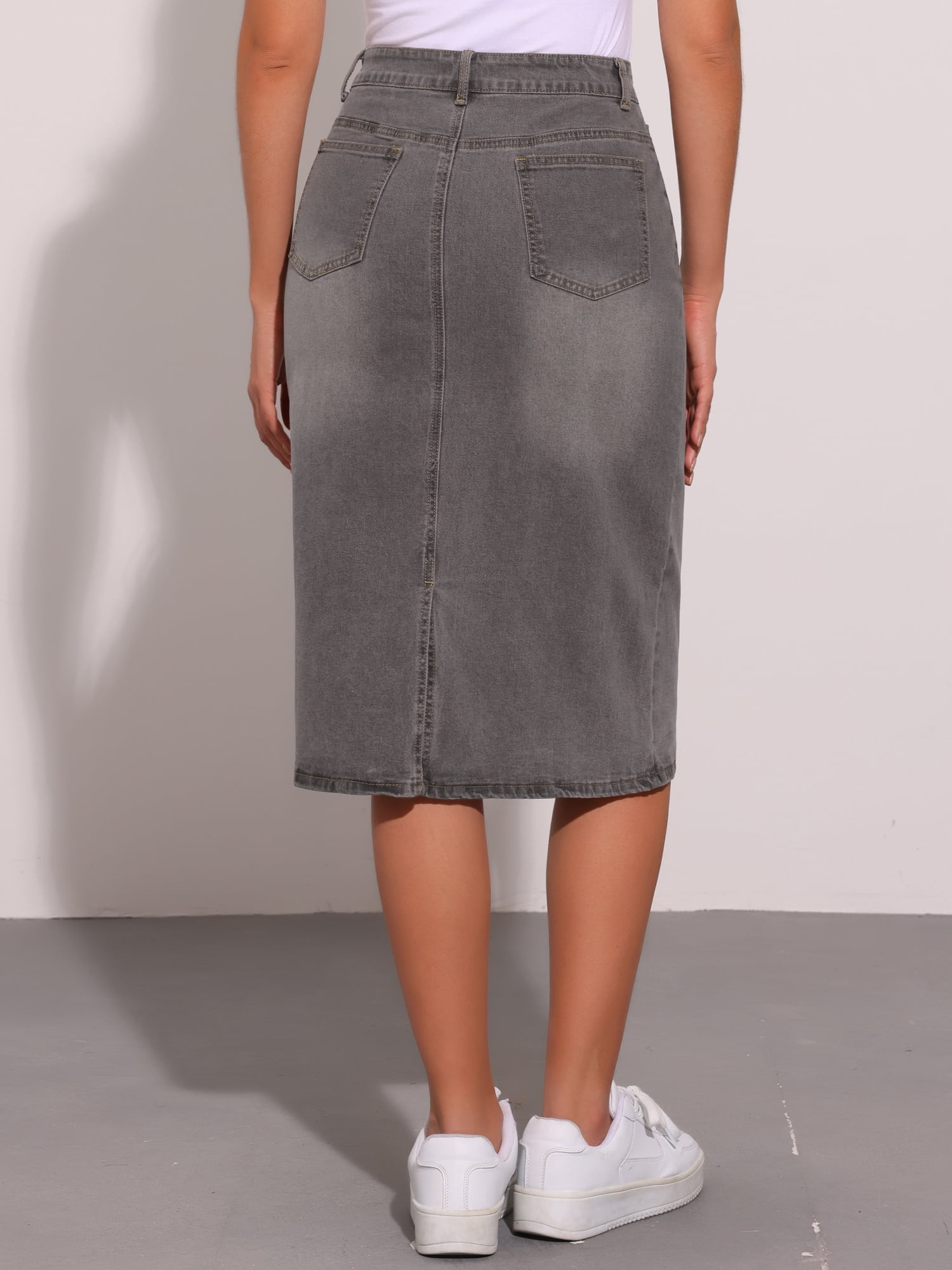 DARING DIVA Women's Denim Split Back Pockets Midi Jean Skirts S Grey