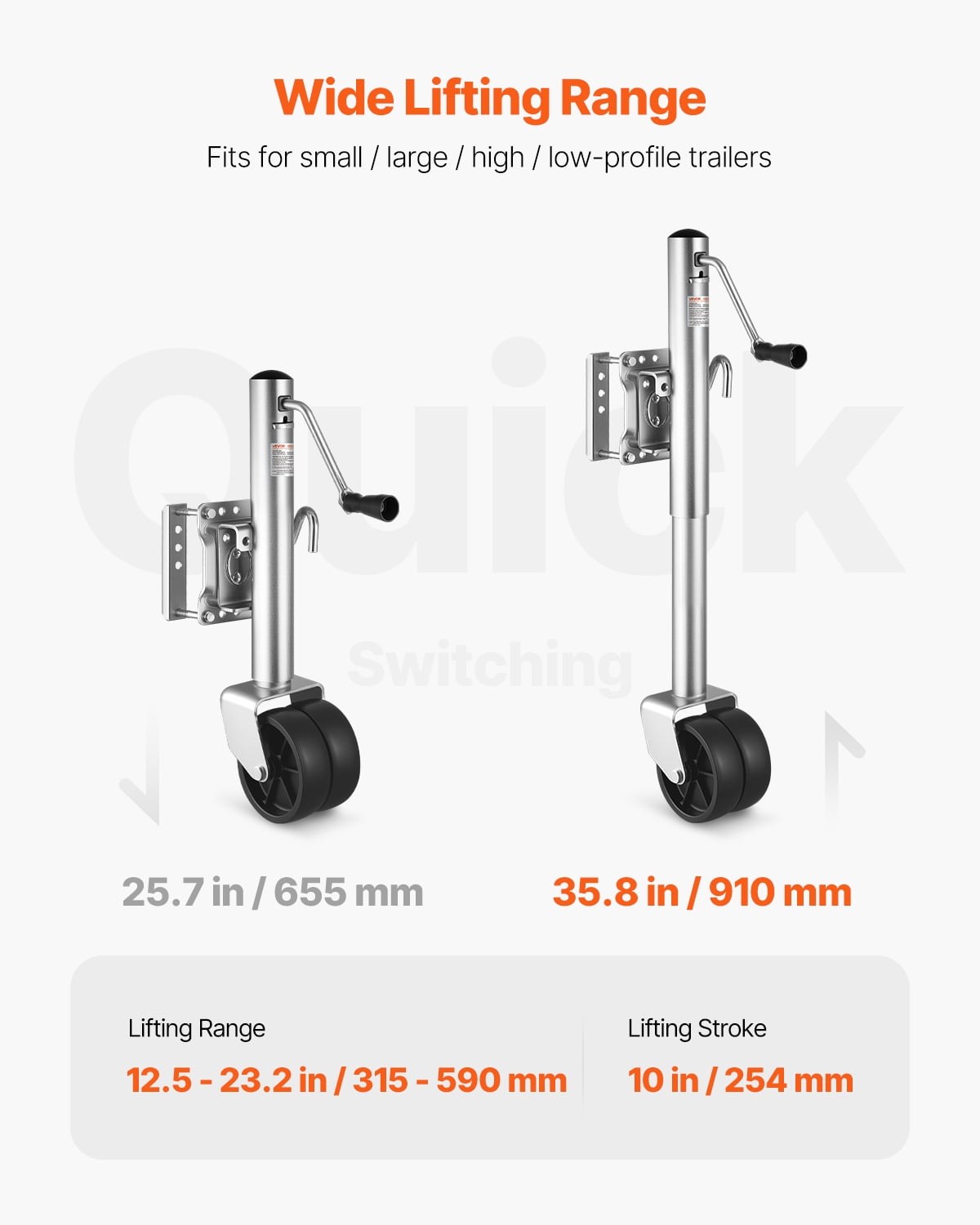 VEVOR Trailer Jack with Wheel, 1500 lbs Load Capacity, Heavy Duty Swivel Boat Trailer Jack with PP Single Wheel & Ergonomic Handle, 12-inch Lift, Fit for RVs, Boats, Horse Trailers, Utility Trailers