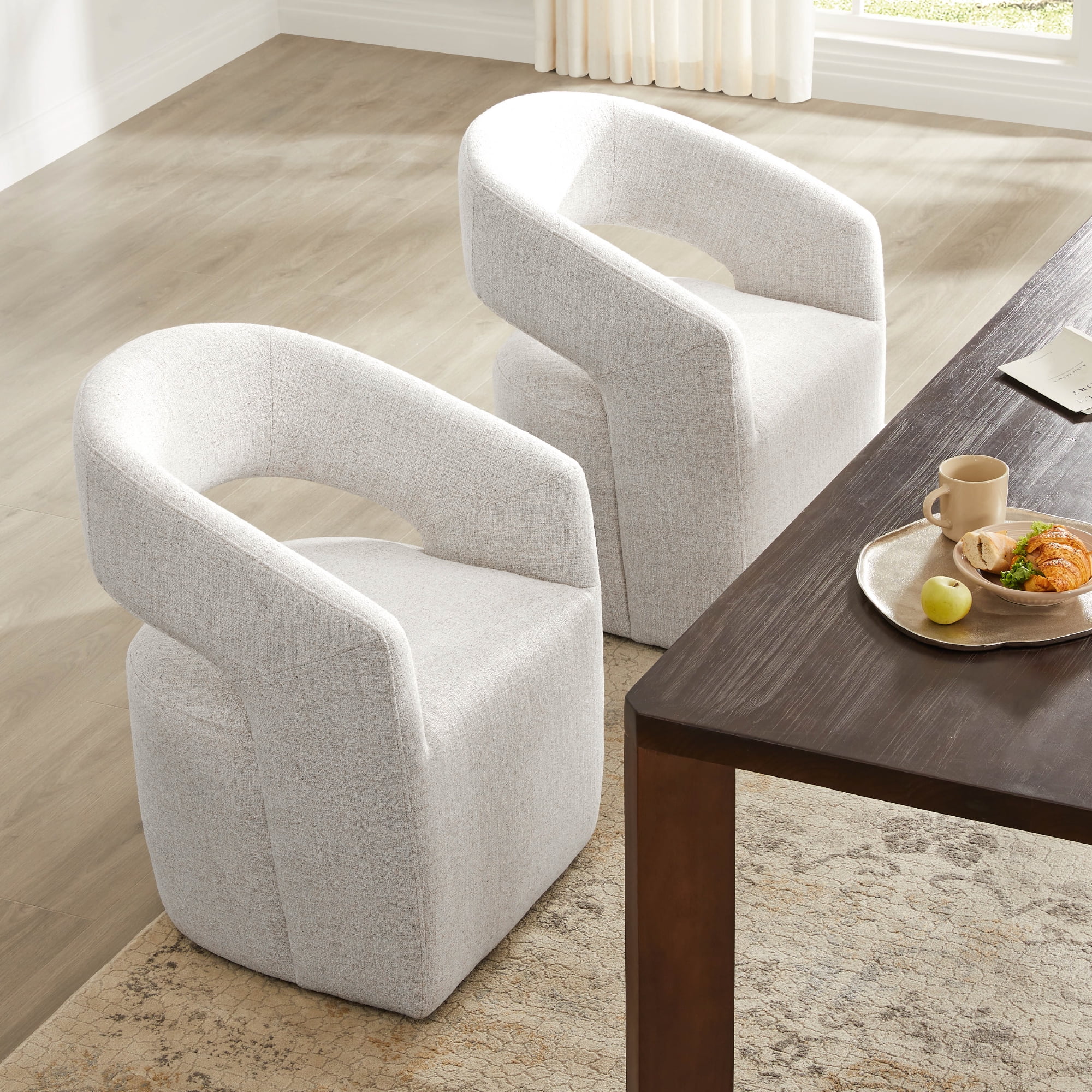 Spruce & Spring Barrel-Style Dining Chair with Upholstered Seat and Casters, No Assembly Required, Multi-colored Wheat Fabric