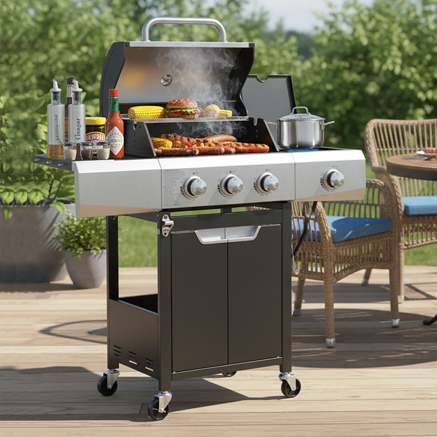 Seizeen 40,500 BTU Propane Gas Grill with Side Burner, Stainless Steel 3 Burner Barbecue Grill Portable on Wheels, with Bottle Opener, for Camping Patio Outdoor Cooking