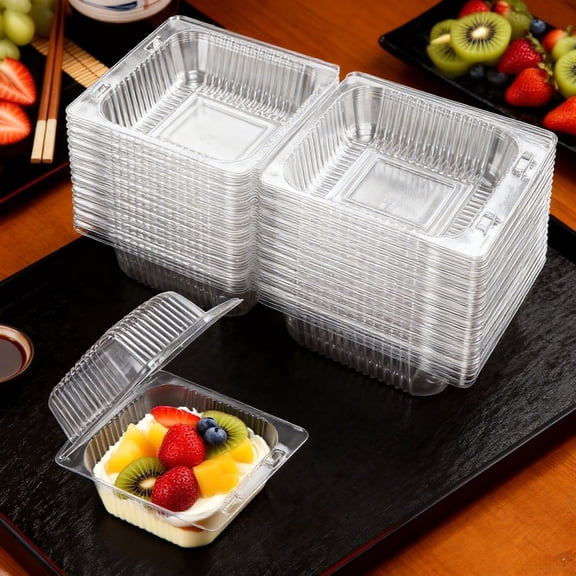 50 Count Clear Plastic Hinged Take Out Containers Clamshell Takeout Tray Food Clamshell Containers Outside Diameter 5.3 x 4.7 inch for Dessert, Snacksetc, Cakes Slice, Cookies, Salads