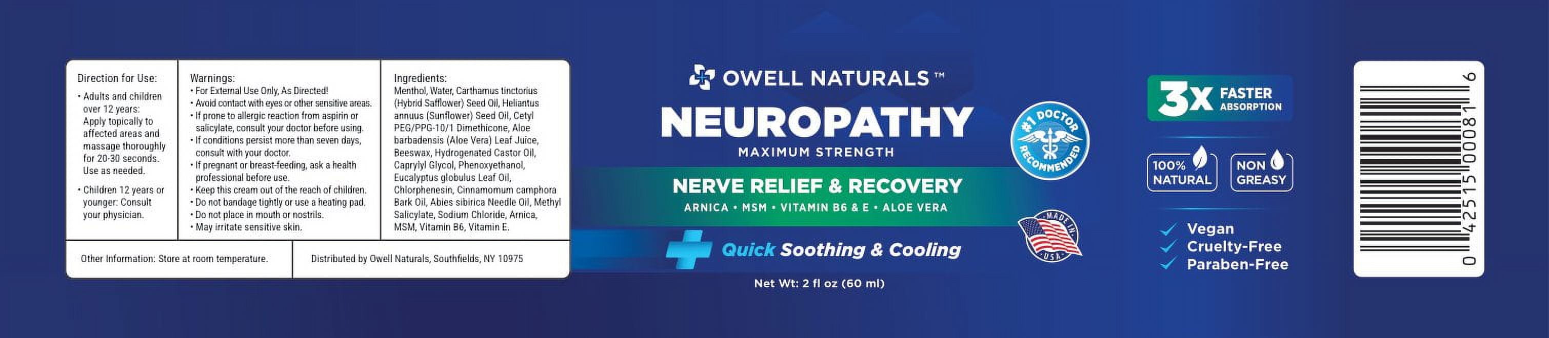 OWELL NATURALS Neuropathy Nerve Relief Cream Soothing & Calming for Aching Foot, Hands, Legs, Toes