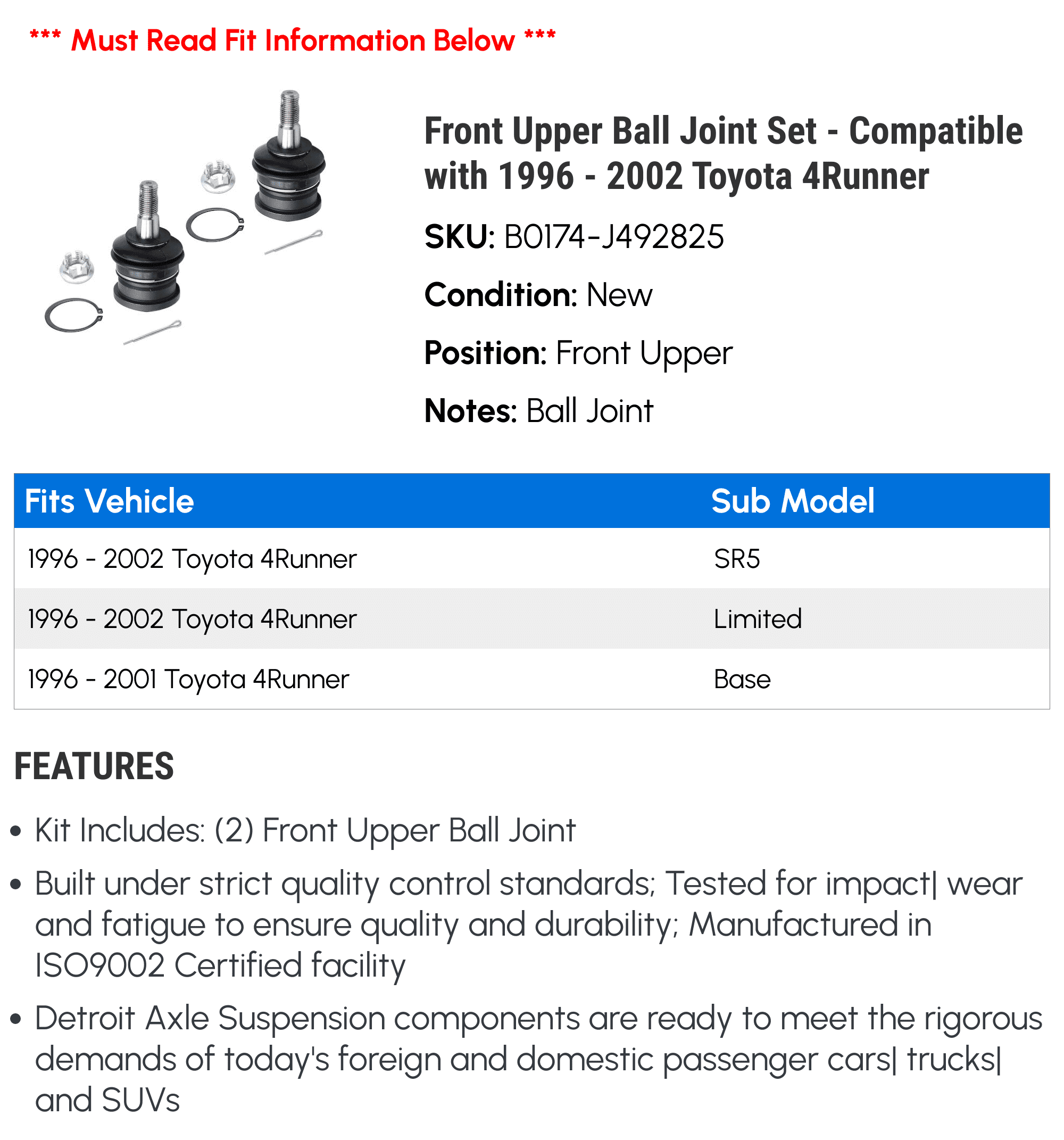 Front Upper Ball Joint Set - Compatible with 1996 - 2002 Toyota 4Runner 1997 1998 1999 2000 2001