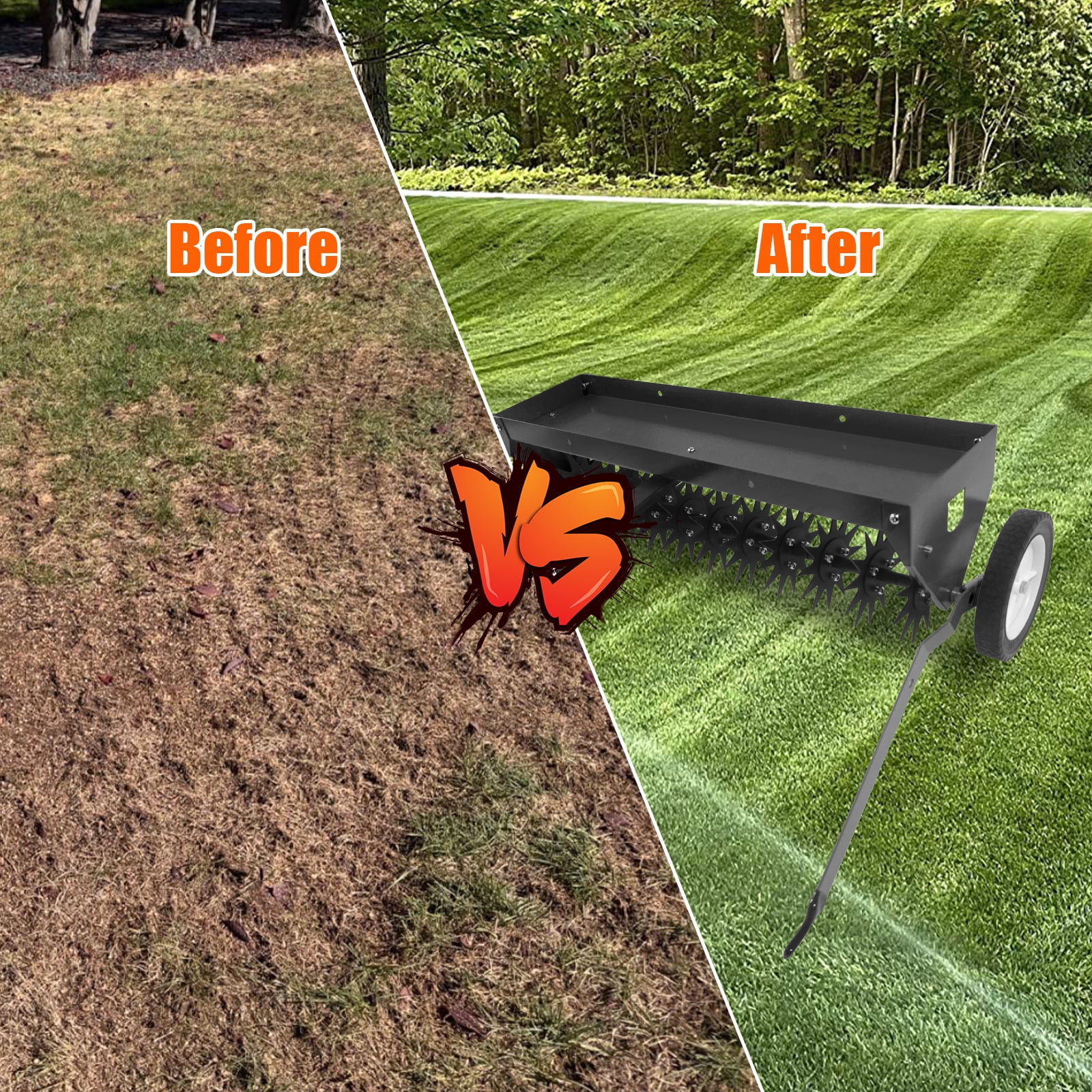 BouPower 40" Plug Aerator Tow Behind,Rolling Lawn Aerators,Push Lawn Aerator Tool,Tow Behind Aerator Tool Roller with Steel Teeth & Transport Wheels,Adjustable Bar for Lawn,Yard Patio and Garden