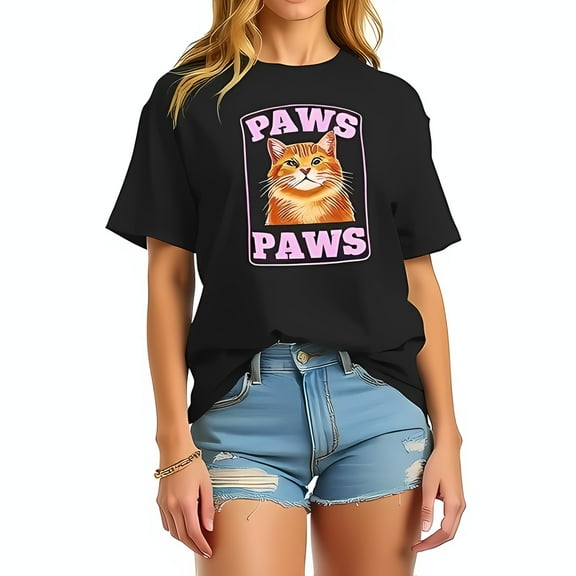 Oversized Black T-Shirt with 'PAWS' Graphic Design & Orange Tabby Cat - Casual Summer Style