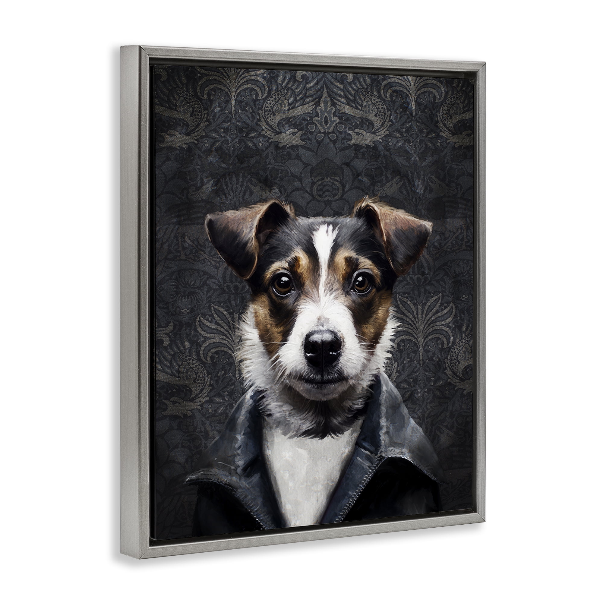 Stupell Industries Dog with Ornate Background Animals Painting Gray Floater Framed Canvas Art Print Wall Art, 17 x 21