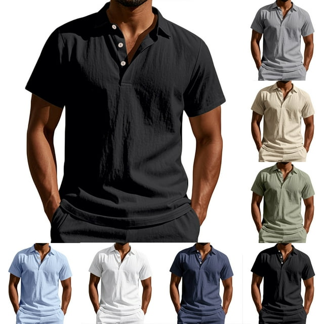 Txeol Weekly Deals Mens Short Sleeve Shirts Casual Athletic Fit Button V Neck Tee Shirt Solid Color Basic Workout Muscle Tops,Gray,L