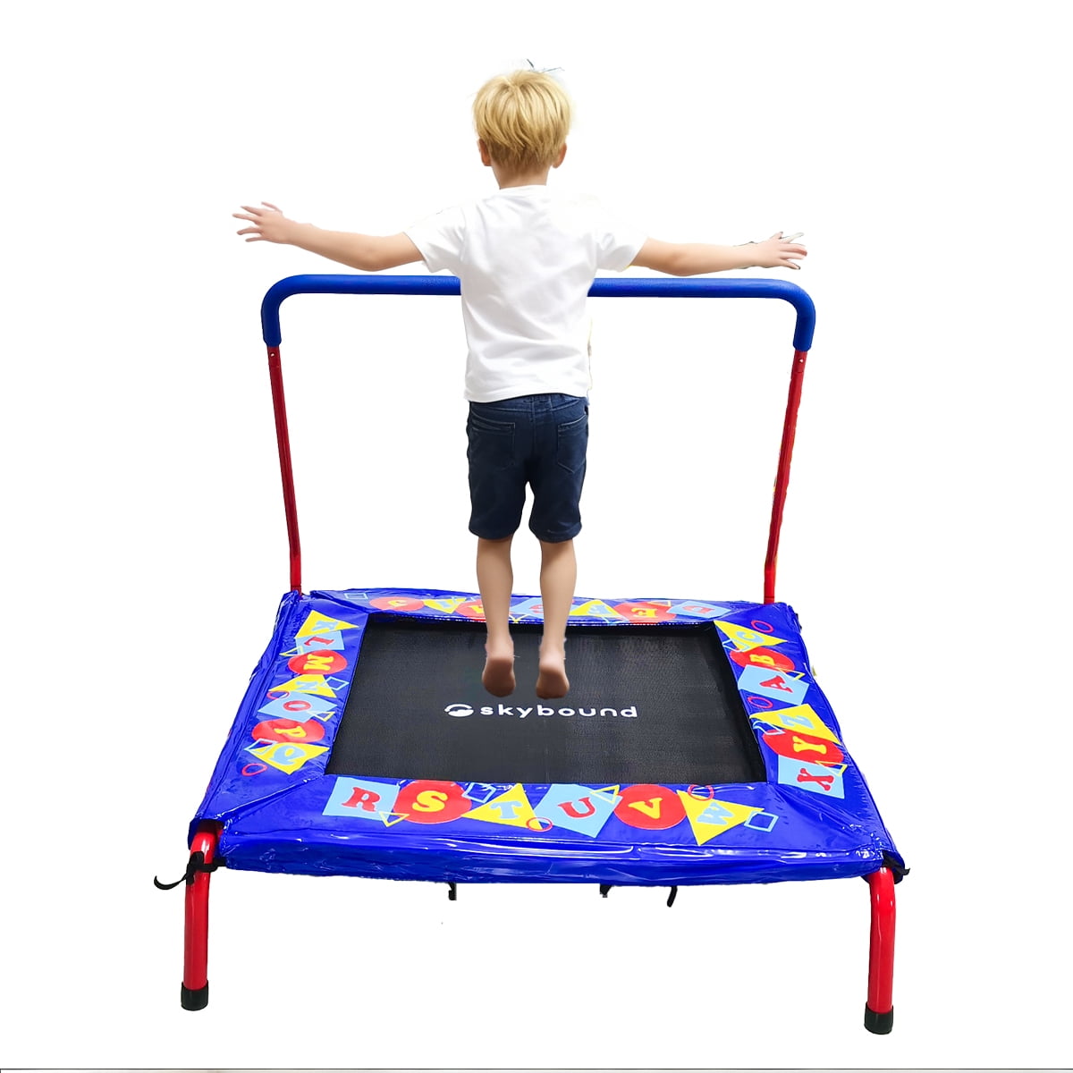 SkyBound 36" Rectangle Mini Trampoline with Handlebar, 4-Leg Stable Support, Blue+Red
