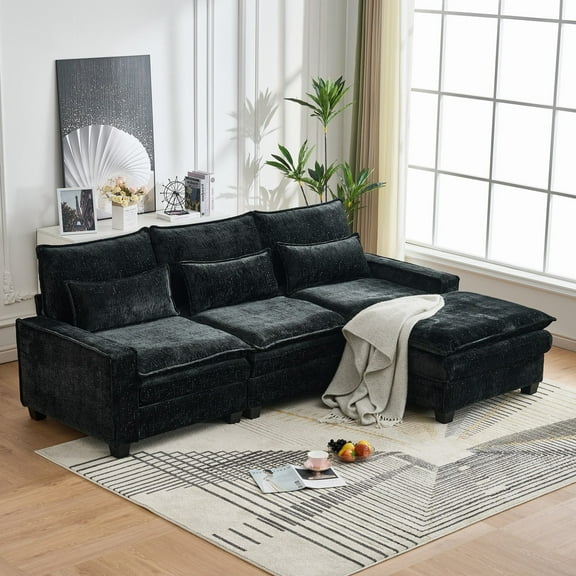 Sectional Sofas 99'' Sectional Cloud Deep Seat Couch, Modern Comfy Chenille L Shaped Sectional Sofa for Living Room Set, Upholstered 4-Seats Sofa Couch with Movable Ottoman, Black,Large Sectional Cou