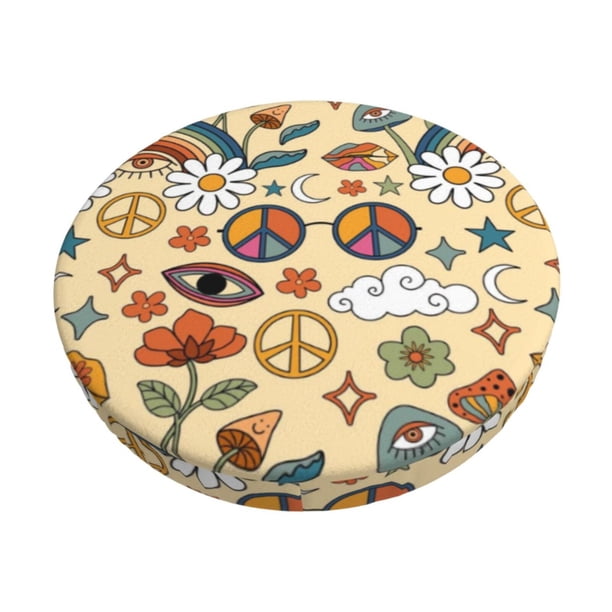 Disketp 70s Hippie Style Funda Redonda para Taburete, Funda de Cojín para Silla de Bar Suave y Elástica-12 inch