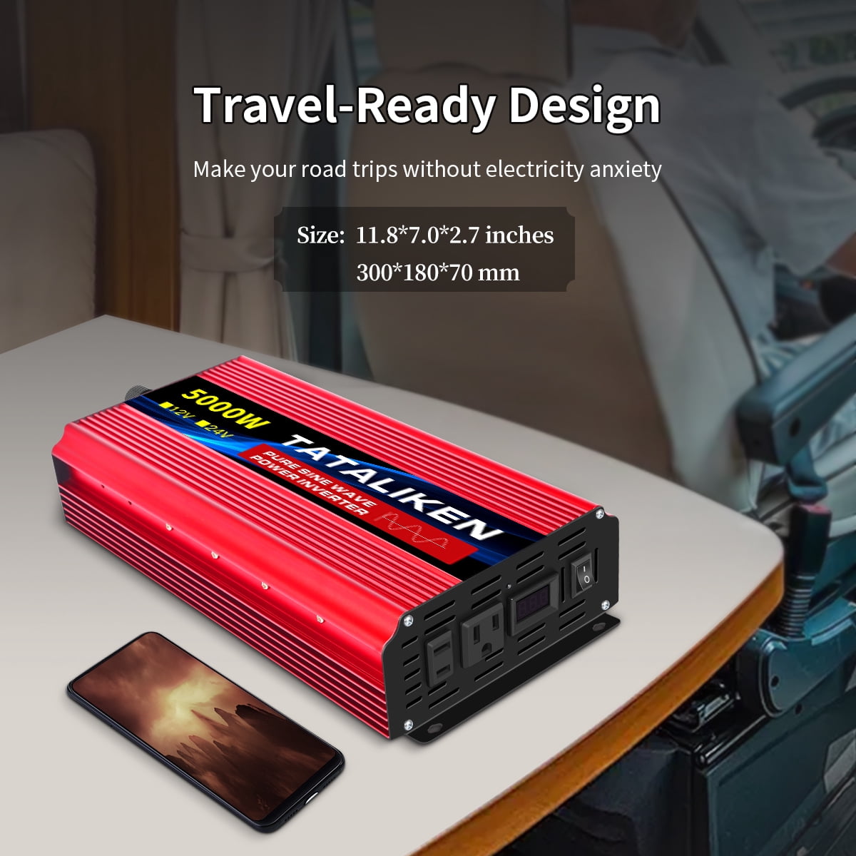 TATALIKEN 5000W（Rating power 2000 W）Pure Sine Wave Power Inverter DC 12V to AC 110V/120V Car Inverter with Battery Clamp Cable 2 AC Outlets for Power Tools Home Vehicles RV Truck, LCD Display Red