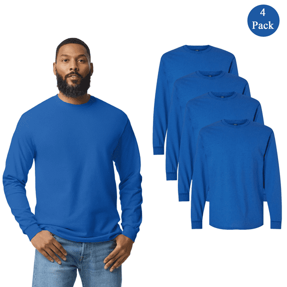 Gildan Heavy Cotton Long Sleeve Tee, Comfort Fit Taped Neck Royal T-Shirt, 4 Pack, Size S