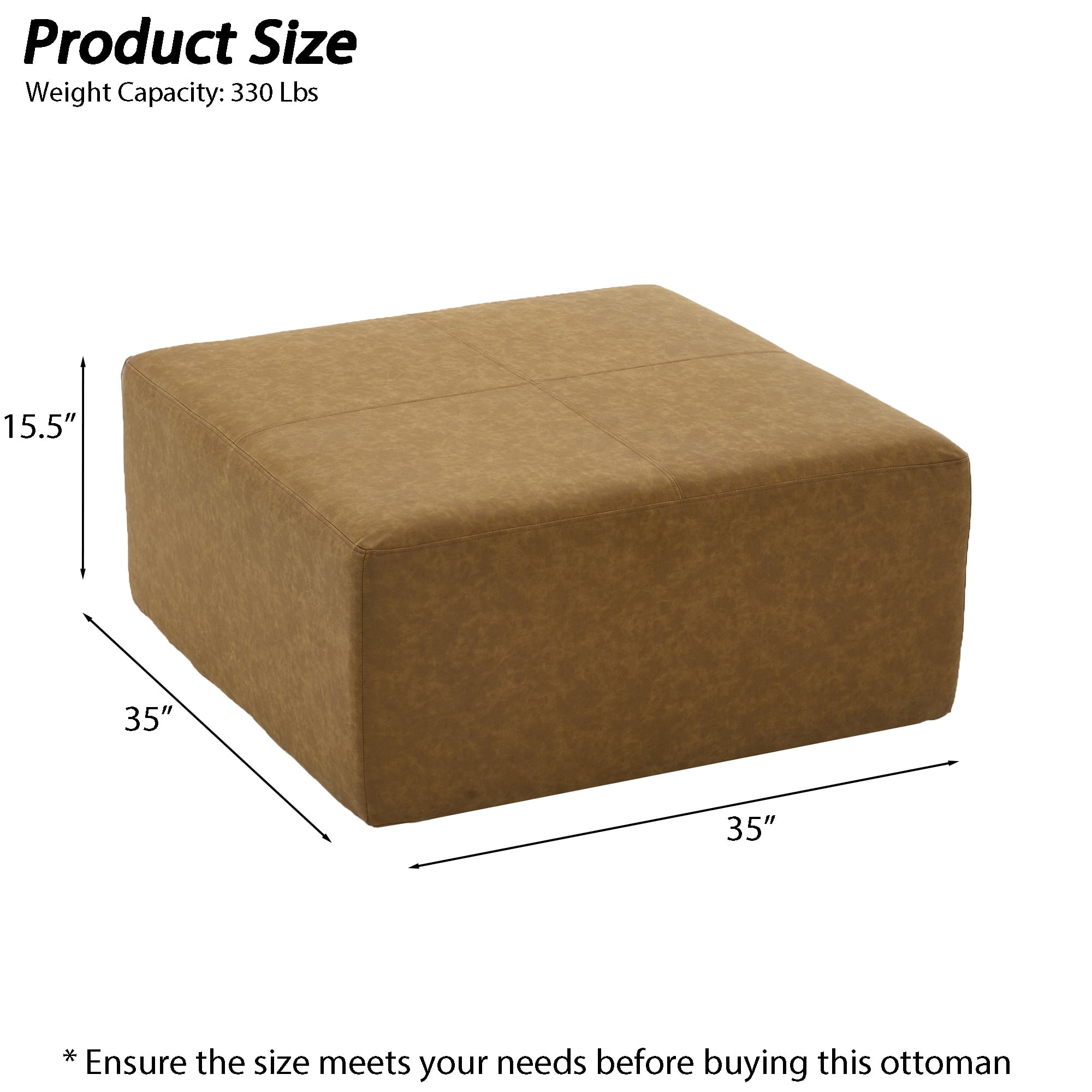 35" Wide Oversized Square Ottoman Coffee Table, Faux Leather Couch Ottoman Large Footstool for Living Room (Camel Brown, Square)