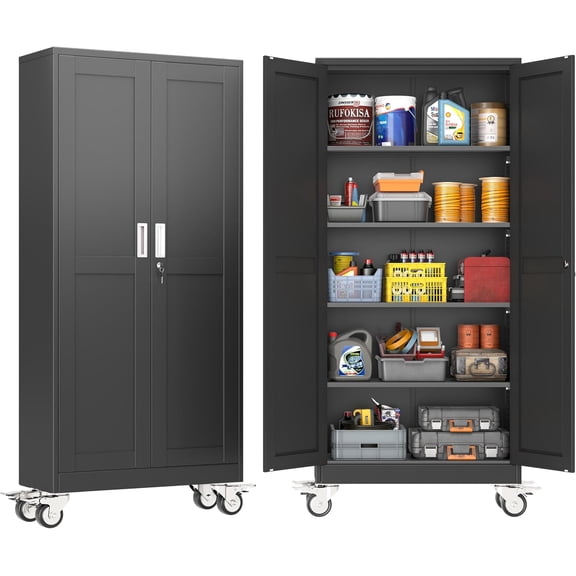 Metal Storage Cabinet with Wheels, 71 Inch Tall Rolling Garage Storage Cabinet with Lock, Black Metal Cabinets with Wheels and Shelves, Tool Locker for Garage, Kitchen, Office