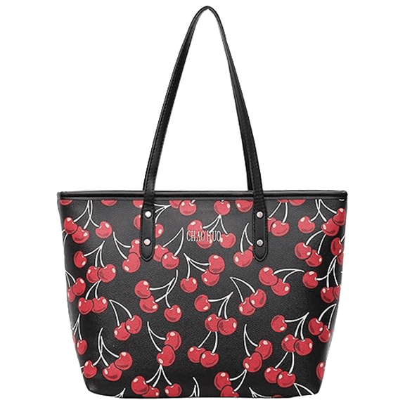Cherry Print Large Tote Bag for Women, Black PU Leather Shoulder Handbag, Top‑Handle Work Shopping Bag with Inner Zipper Pocket