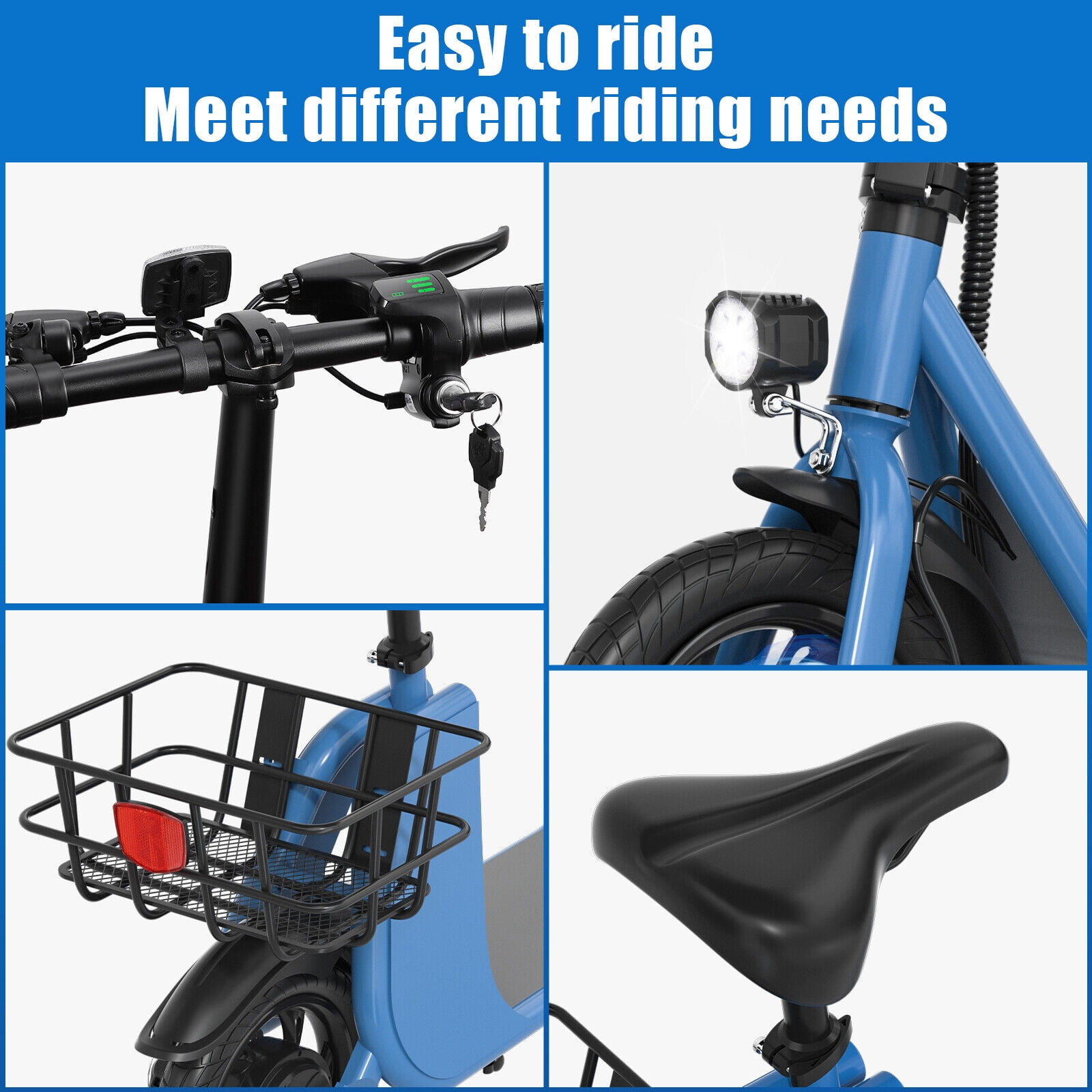 Lohoms Updated 450W Foldable Electric Scooters Bike, Adult Electric Moped Commuter Ebike Biycle Waterproof E-Scooter With Seat Basket 12 in Off-Road Tires,Blue