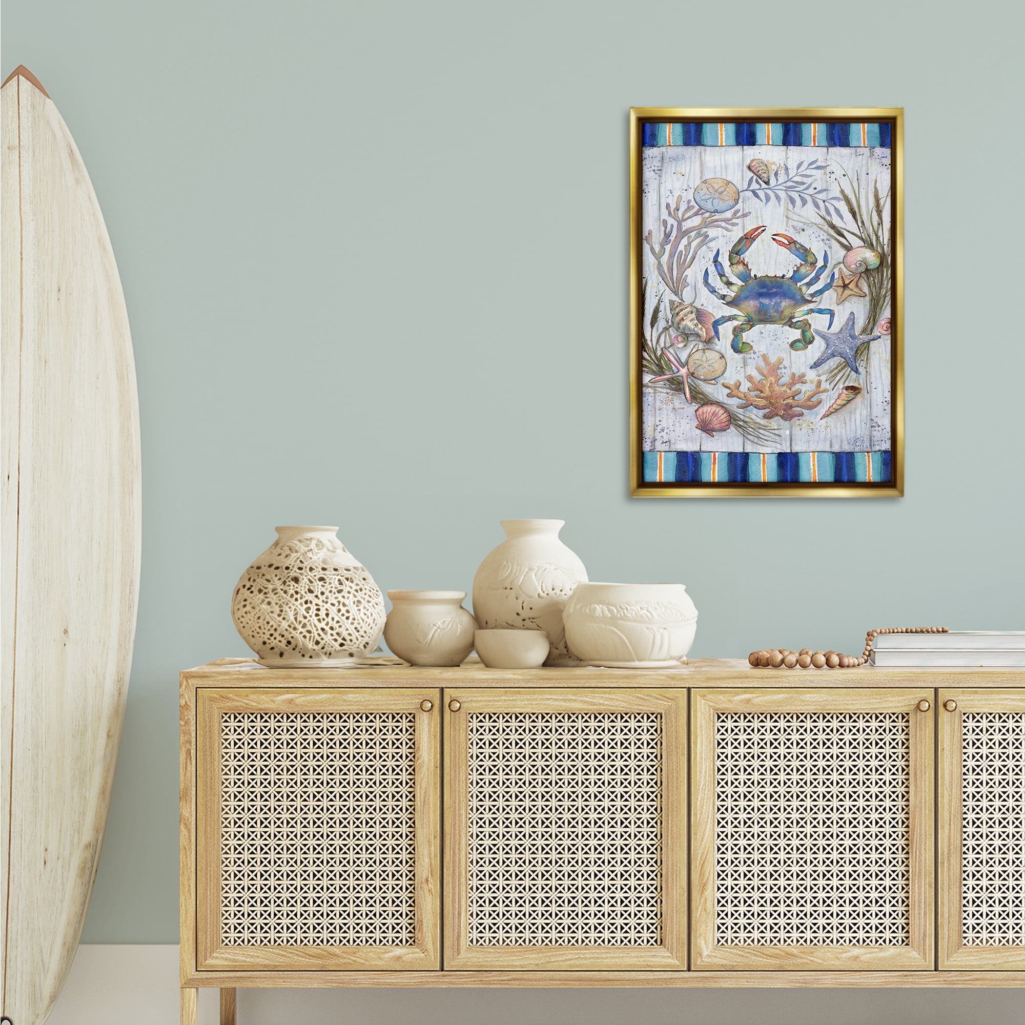 Stupell Industries Coastal Wreath & Crab Nautical & Beach Painting Gold Floater Framed Canvas Art Print Wall Art, 21 x 31