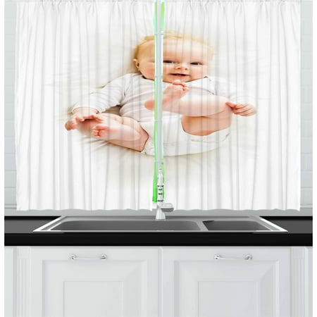 - Baby Curtains 2 Panels Set, Beautiful Baby with Her Feet Up Caucasian Infant Lying Down Adorable Photo Joyful Smile, Window Drapes for Living Room Bedroom, 55W X 39L Inches, Tan Blue, by Ambesonne