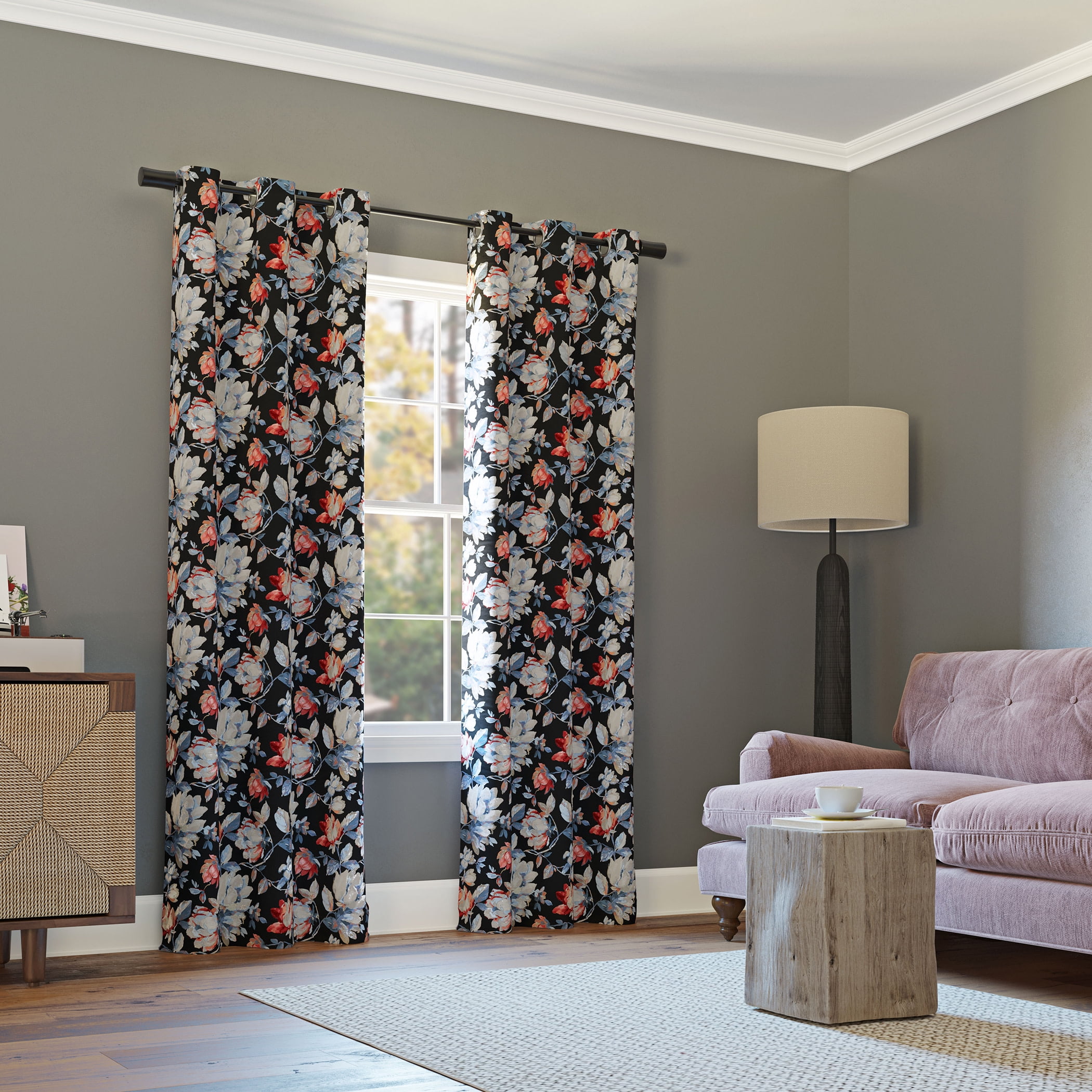 Sun Zero Irma Vintage Floral Blackout Grommet Curtain Panel, 40"X84", Black