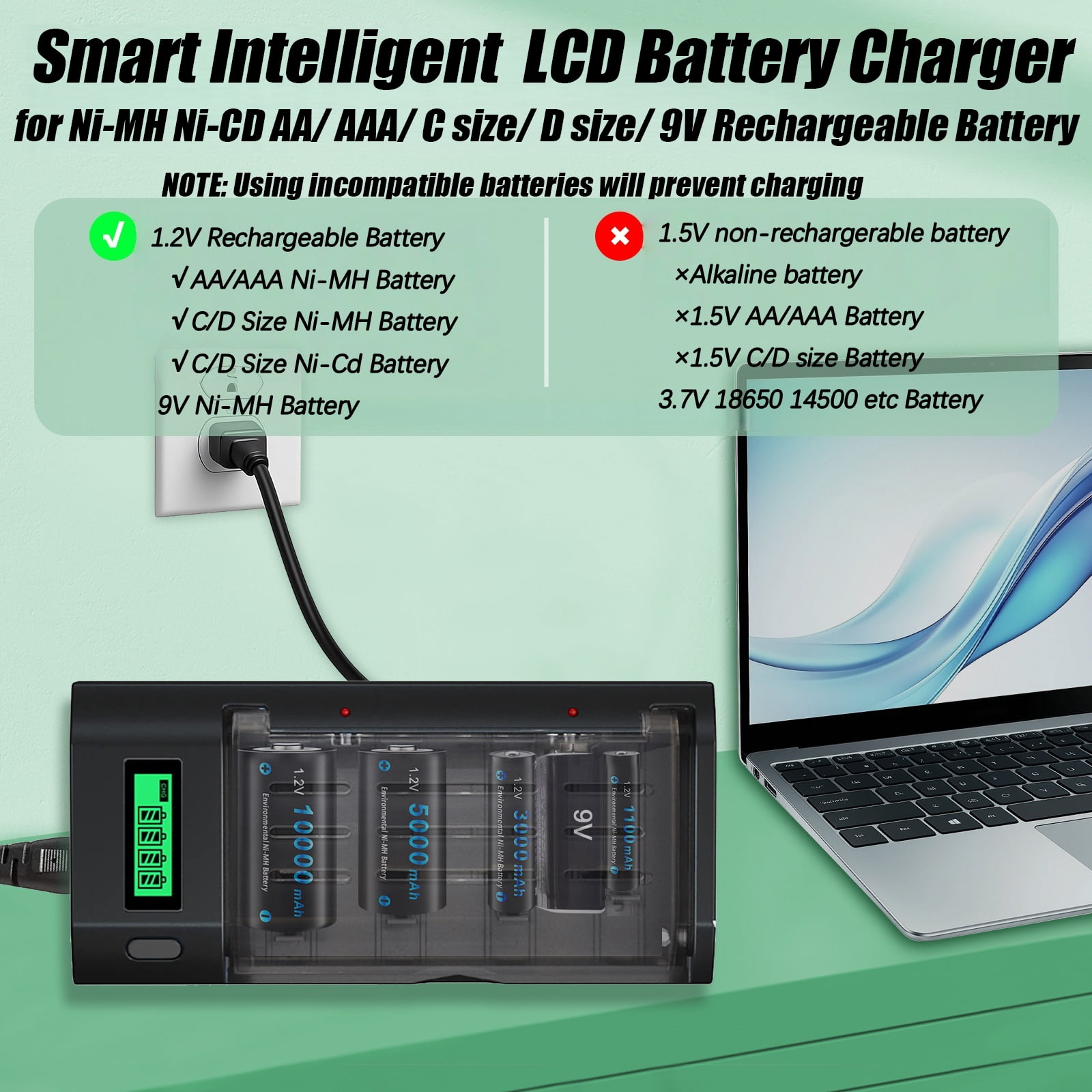 4 C Size High Capacity Low Self Discharge 1.2v Ni-MH Rechargeable Batteries with 4 Bay Smart Intelligent LCD Display Battery Charger For 1.2V AA AAA C D Size 9V Ni-MH Ni-CD Rechargeable Battery