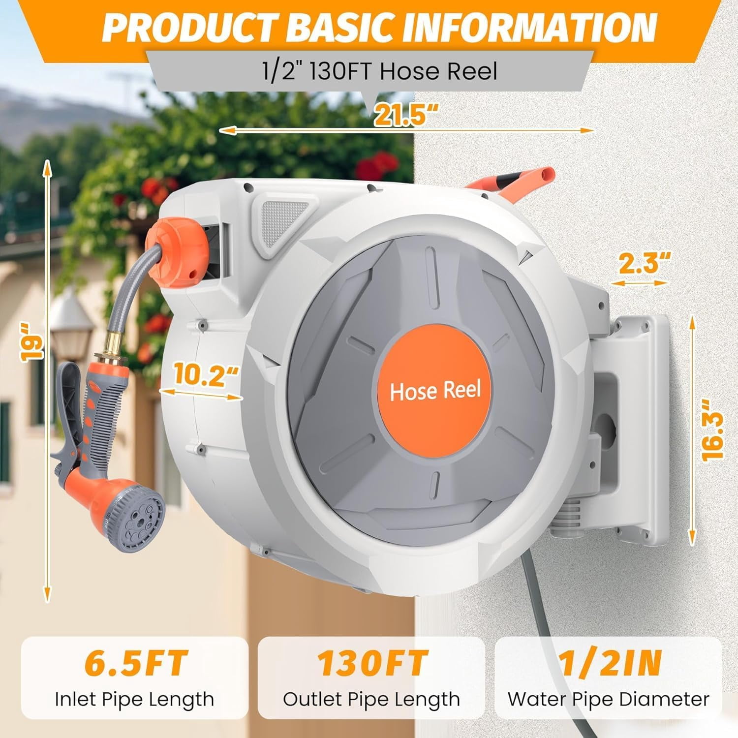 ChaoLink Retractable Garden Hose Reel 1/2 Inch*130 Ft - UV Resistant, Heavy Duty with 9 Function Sprayer Nozzle