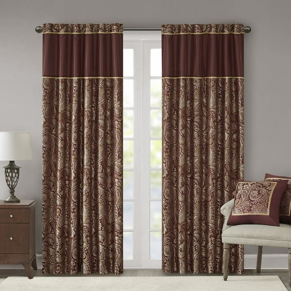 Madison Park Aubrey Adult Paisley 50" x 84" Jacquard Curtain Panel Pair for Indoor Living Room in Burgundy