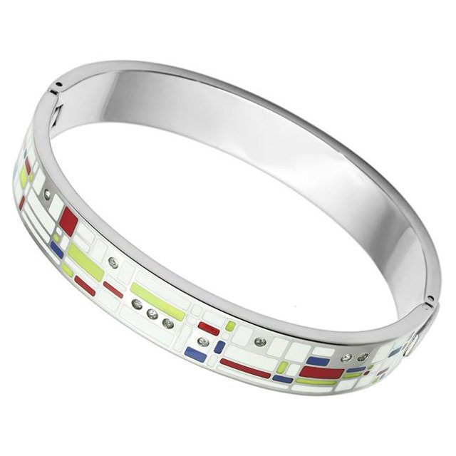 8 in. High Polished No Plating Stainless Steel Bangle with Top Grade Crystal, Clear