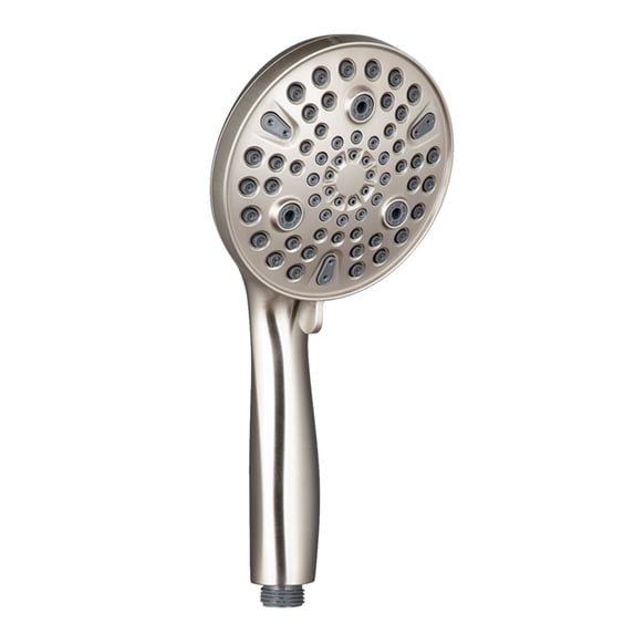 Set up a hand-held shower with on/off pause switch and brushed nickel high pressure shower head