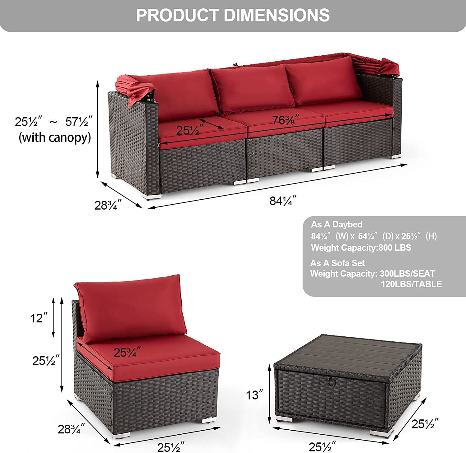 Vicluke Adjustable Backrest Rattan and Steel Outdoor Wicker Daybed, Red