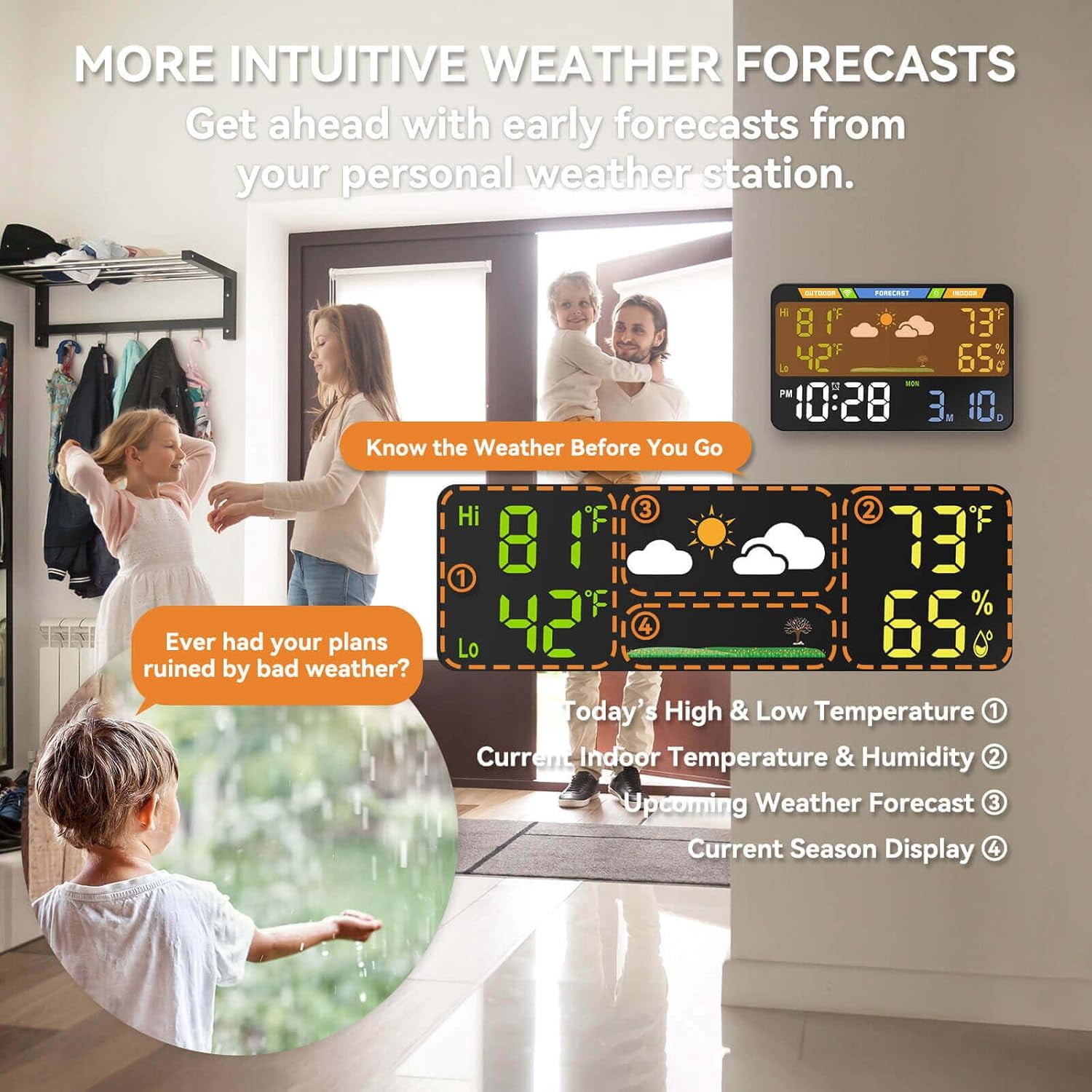 Wi-Fi Weather Station with Indoor Outdoor Temperature Humidity Monitor Wireless Forecast Display Digital Alarm Clock